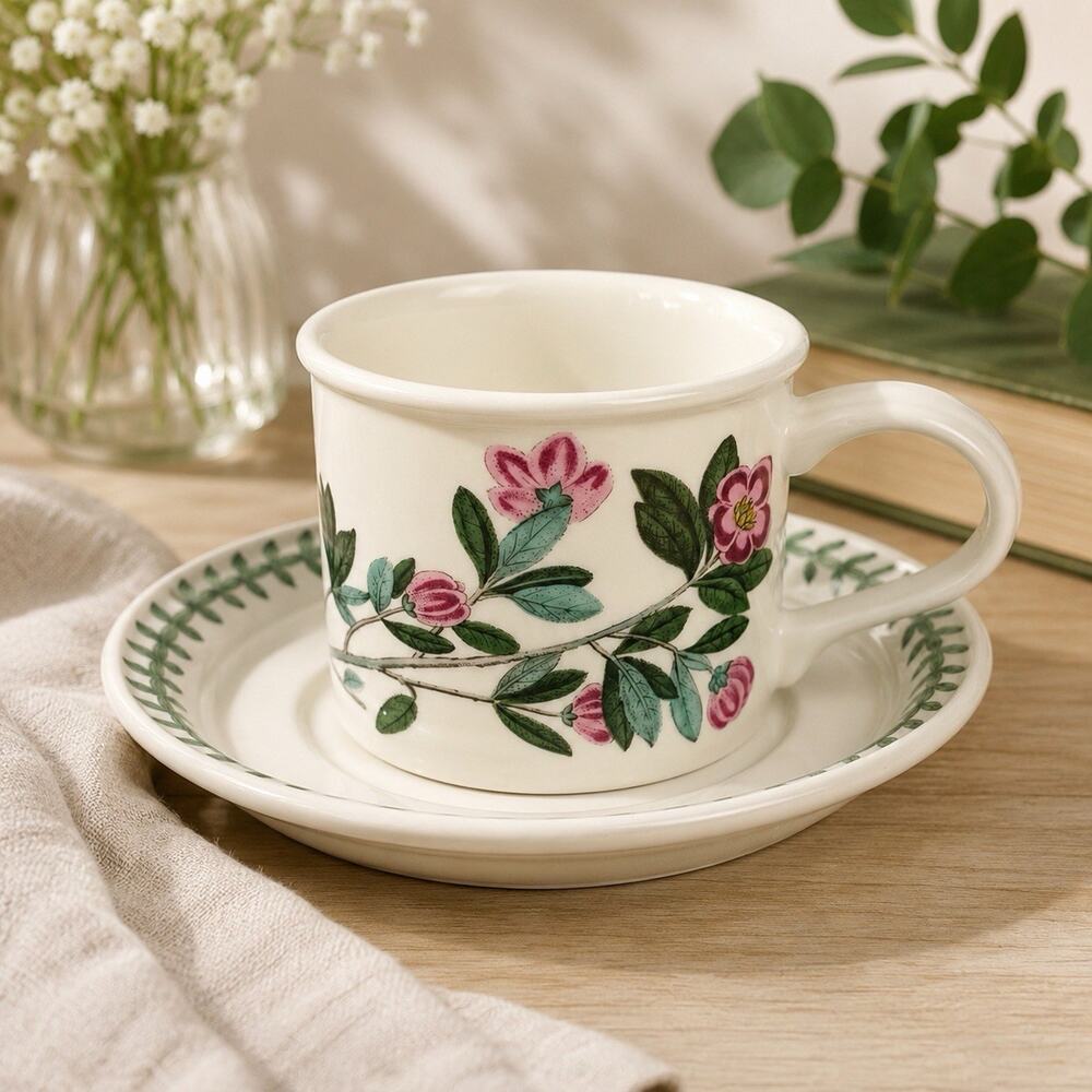 Portmeirion Botanic Garden Drum Tea Cup and Saucer Set Rhododendron Floral